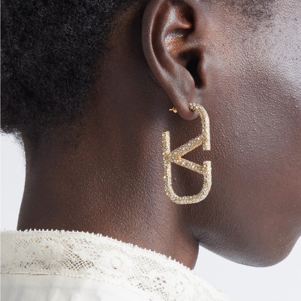 Valentino Garavani Gold Crystal Logo Drop Earrings